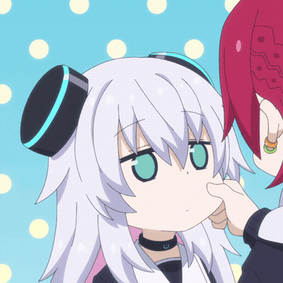A Girl With White Hair And Green Eyes Is Being Petting By Another Girl With Red Hair GIF