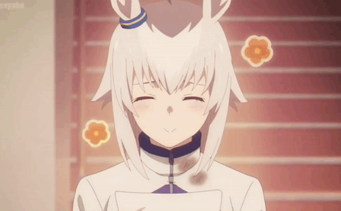 A Girl With White Hair And Horns Is Smiling With A Flower Coming Out Of Her Head GIF