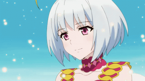 A Girl With White Hair And Pink Eyes Is Wearing A Red And Yellow Top GIF