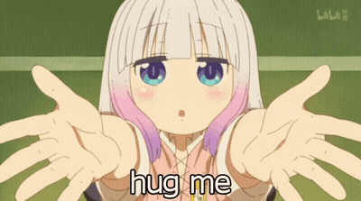 a girl with white hair and pink highlights is hugging herself with the words hug me below her