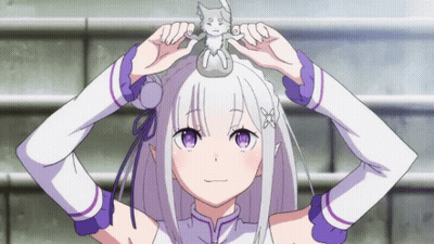A Girl With White Hair And Purple Eyes Is Holding A Small Figurine On Her Head GIF