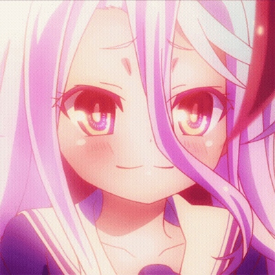 A Girl With White Hair And Purple Eyes Is Smiling GIF