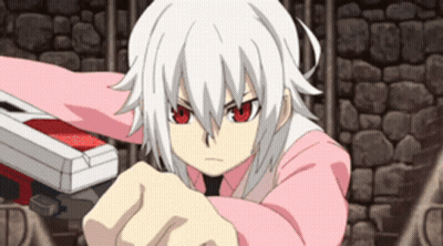 A Girl With White Hair And Red Eyes Is Holding A Red And White Box GIF