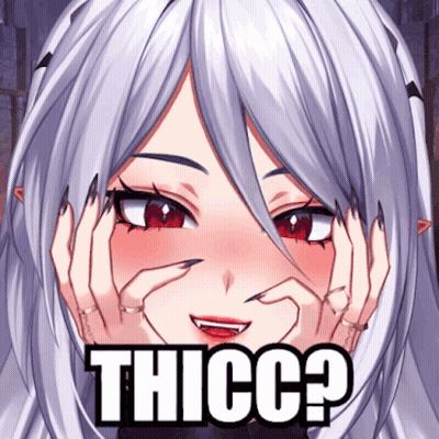 a girl with white hair and red eyes is making a face with her hands and the words thicc written below her