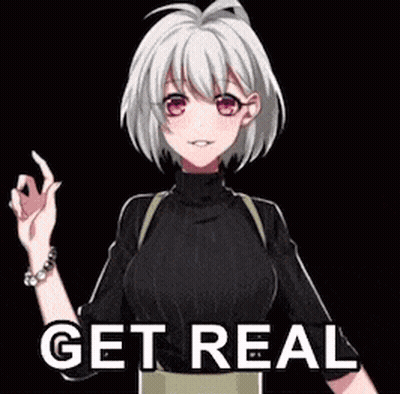 A Girl With White Hair And Red Eyes Is Standing In Front Of A Black Background With The Words Get Real On It . GIF