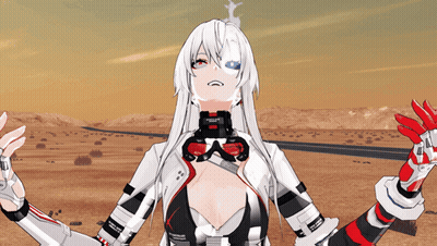 A Girl With White Hair And Red Eyes Is Wearing A Black And White Outfit GIF