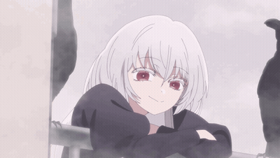 A Girl With White Hair And Red Eyes Looks At The Camera GIF