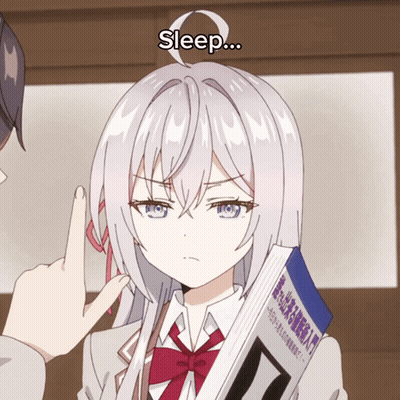 A Girl With White Hair Is Holding A Book That Says " Sleep " GIF