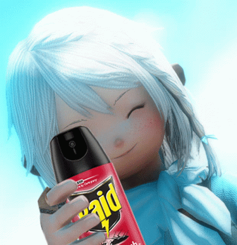 A Girl With White Hair Is Holding A Can Of Raid Bug Spray GIF