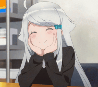 A Girl With White Hair Is Smiling With Her Hands On Her Chin GIF