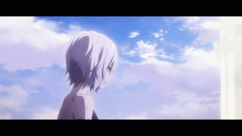 A Girl With White Hair Is Standing In Front Of A Cloudy Sky GIF