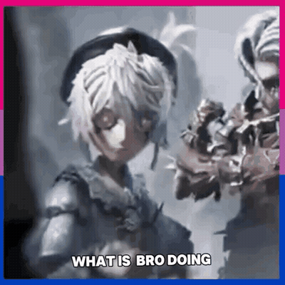 A Girl With White Hair Is Standing Next To A Man With A Sword In A Video Game . GIF
