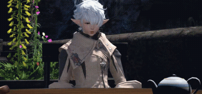 A Girl With White Hair Sits At A Table With A Teapot GIF