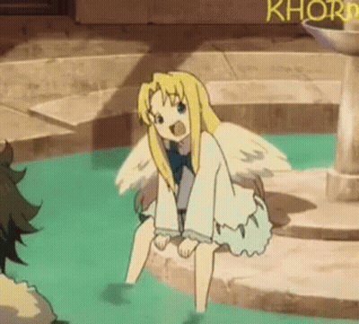 A Girl With Wings Is Sitting On A Rock In The Water . GIF