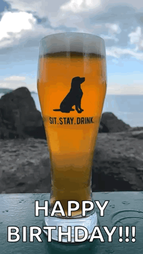 A Glass Of Beer With A Dog On It And The Words `` Sit , Stay , Drink '' Written On It . GIF