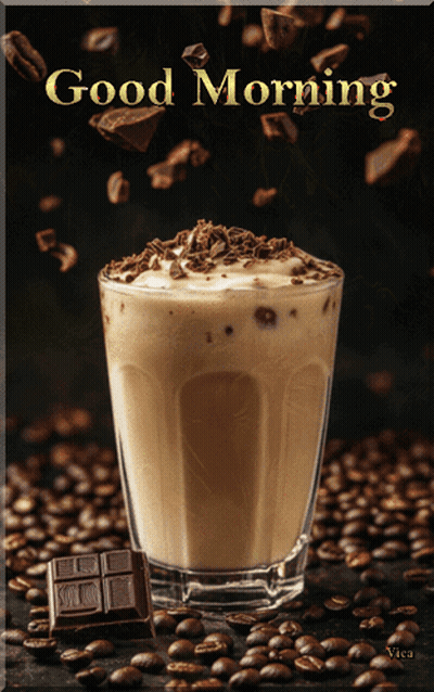 A Glass Of Coffee With Chocolate Shavings And The Words " Good Morning " Above It GIF