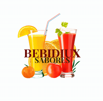 A Glass Of Orange Juice Next To A Glass Of Tomato Juice With The Words Bebidux Sabores Written On The Bottom GIF
