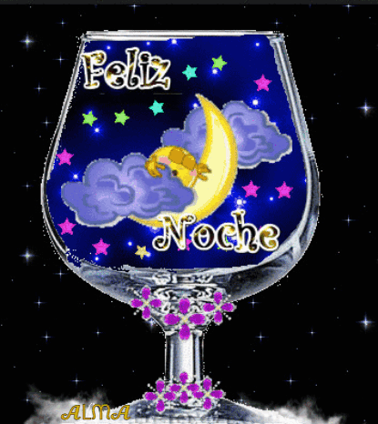 A Glass With A Crescent Moon And The Words Feliz Noche GIF