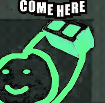 A Glow In The Dark Drawing Of A Face With The Words Come Here Below It GIF