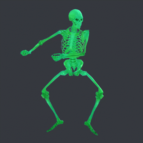 A Glow In The Dark Skeleton Is Standing On A Black Background GIF