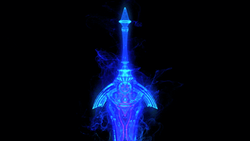 A Glowing Blue Sword With A Purple Handle GIF