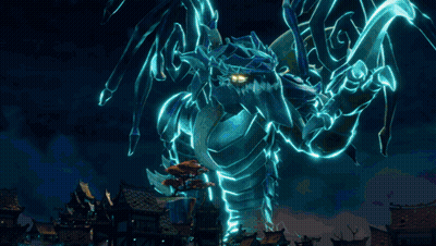 A Glowing Dragon Is Standing In The Middle Of A Town GIF