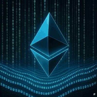 A Glowing Ethereum Symbol Is Surrounded By Binary Numbers GIF