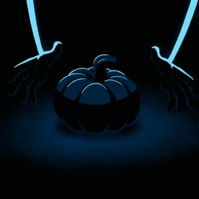 A Glowing Pumpkin With A Scary Face Is Against A Dark Blue Background GIF