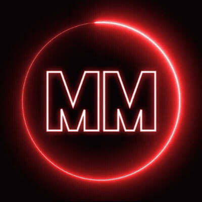 A Glowing Red Circle With The Letter Mm Inside Of It GIF