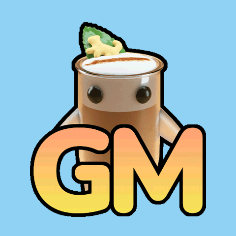 A Gm Logo With A Cup Of Coffee With A Leaf On Top GIF