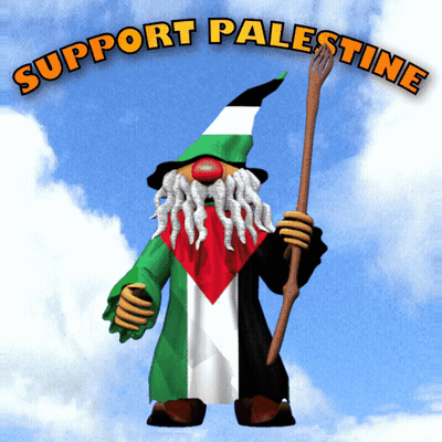 A Gnome Holding A Stick With The Words Support Palestine Written Above Him GIF
