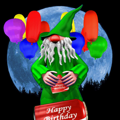 A Gnome Is Holding A Happy Birthday Can In Front Of Balloons GIF