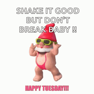 A Gnome Wearing Sunglasses And A Bikini Is Dancing With The Words Shake It Good But Don 'T Break Baby Happy Tuesday . GIF