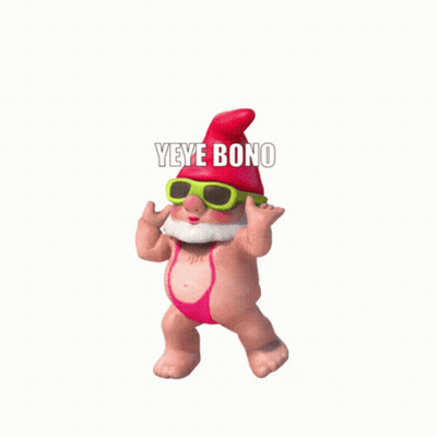 A Gnome Wearing Sunglasses And A Bikini Is Dancing With The Words Yeye Bono Written Above Him GIF