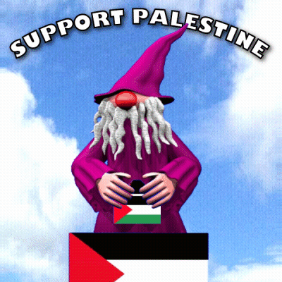 A Gnome With A Beard And A Purple Hat With The Words Support Palestine Above It GIF