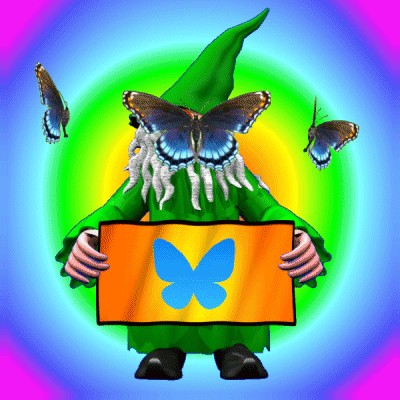 A Gnome With A Butterfly On His Head Holds A Sign With A Blue Butterfly On It GIF