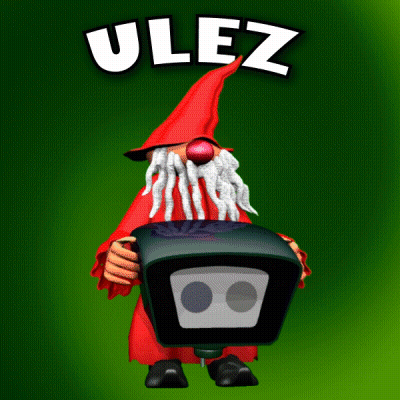 A Gnome With A Red Hat And A Beard Is Holding A Box With The Word Ulez On It GIF