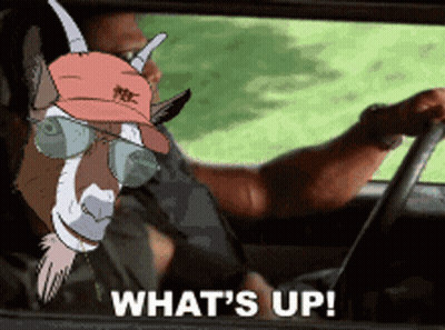 A Goat Wearing Sunglasses And A Hat Is Driving A Car With The Words What 'S Up On The Bottom GIF