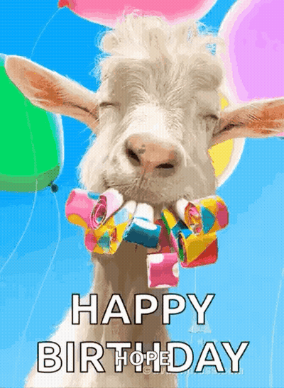 A Goat With Balloons In Its Mouth And The Words Happy Birthday On The Bottom GIF