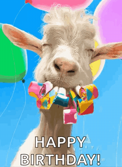A Goat With Balloons In Its Mouth And The Words Happy Birthday On The Bottom GIF