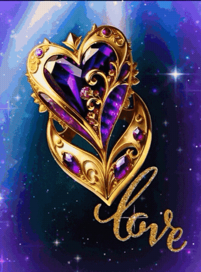 A Gold And Purple Heart With The Word Love Written On It GIF