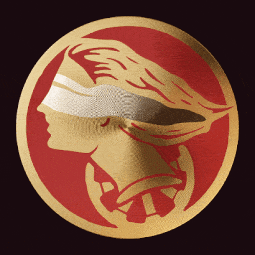 A Gold And Red Circle With A Woman 'S Head On It GIF