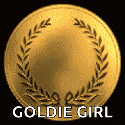 A Gold Coin With A Laurel Wreath Around It And The Words Goldie Girl Below It GIF