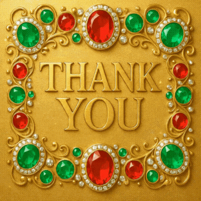 A Gold Frame With Red And Green Stones And The Words Thank You GIF