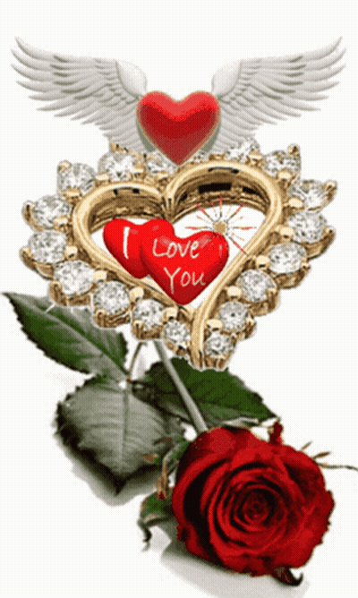 A Gold Heart Shaped Pendant With Wings And Hearts That Say I Love You GIF
