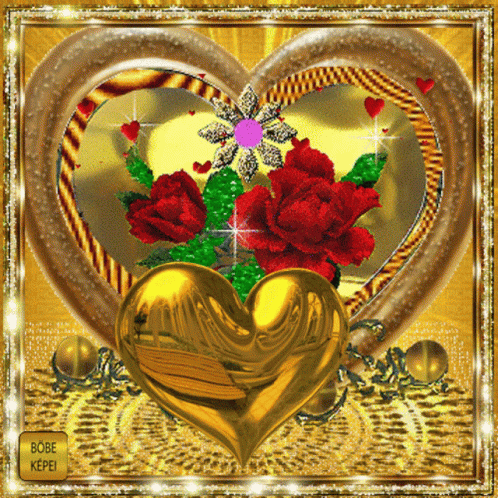 A Gold Heart Surrounded By Red Roses With A Bobe Kepen Button In The Corner GIF