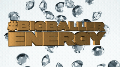 A Gold Sign That Says Bigballer Energy With Diamonds In The Background GIF