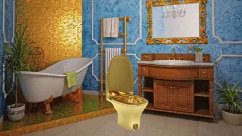 A Gold Toilet Sits In A Bathroom Next To A Bathtub And Sink GIF
