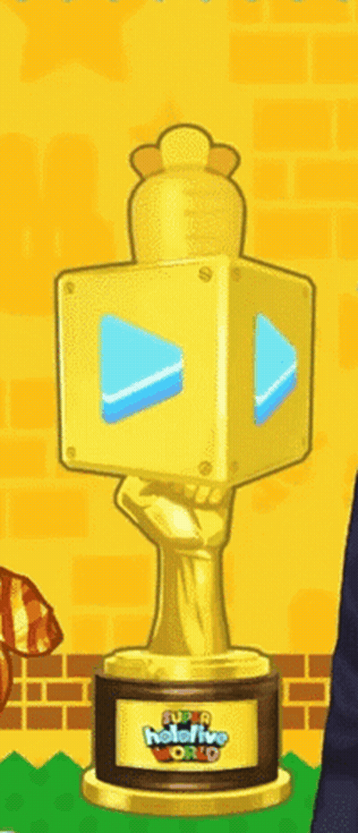 A Gold Trophy With A Hand Holding A Cube That Says Super Mario World GIF
