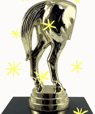 A Gold Trophy With A Horse 'S Butt On It GIF
